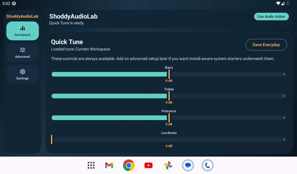 ShoddyAudioLab dashboard and quick tune screen.