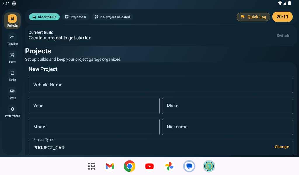 ShoddyBuild projects and new project setup screen.