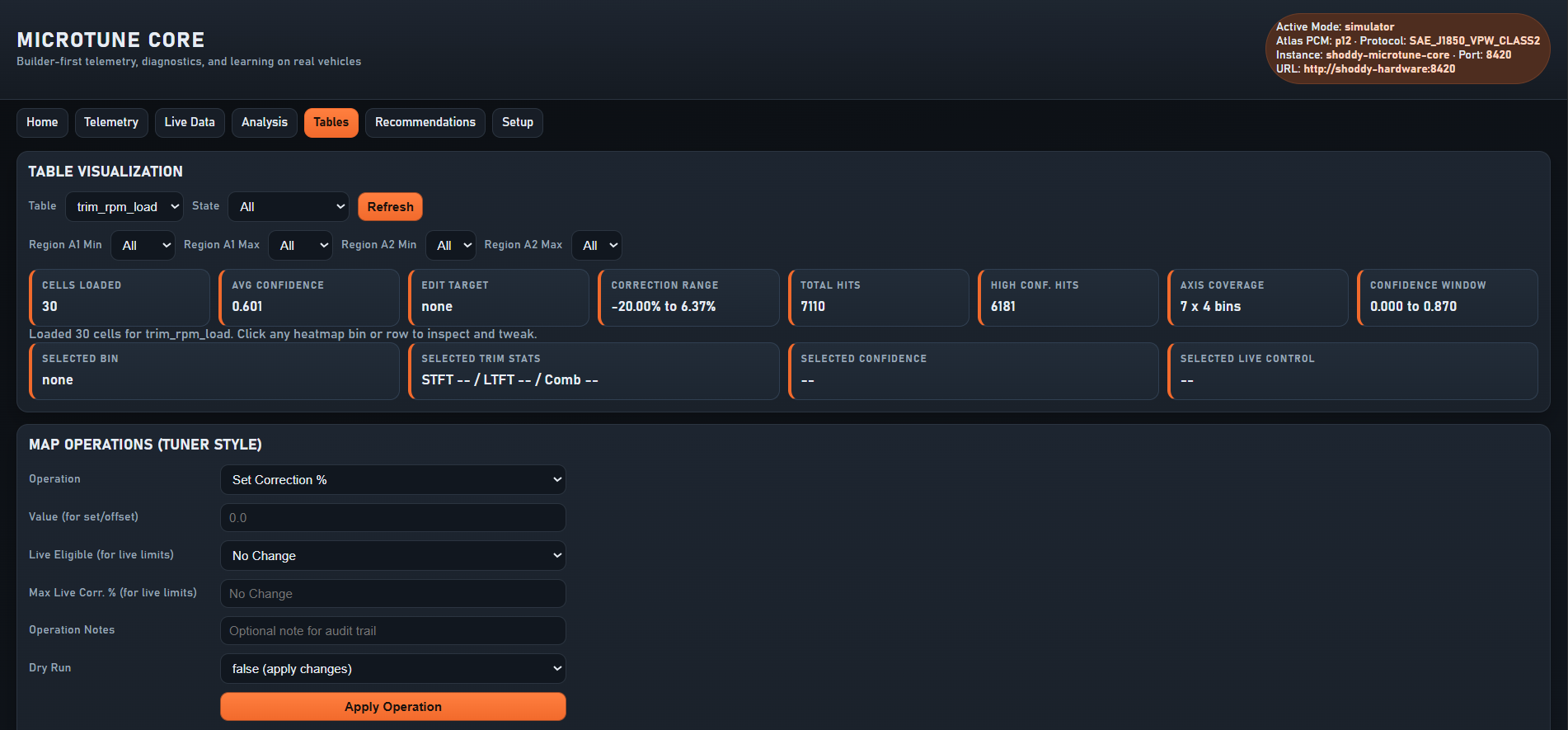 Table operations panel with map editing controls.