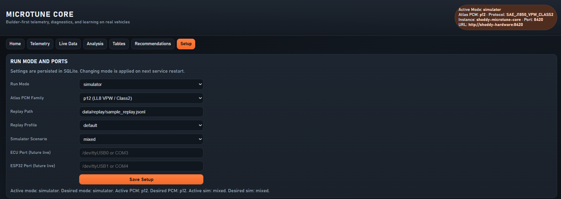 Setup screen showing run mode, PCM family, replay path, and save controls.