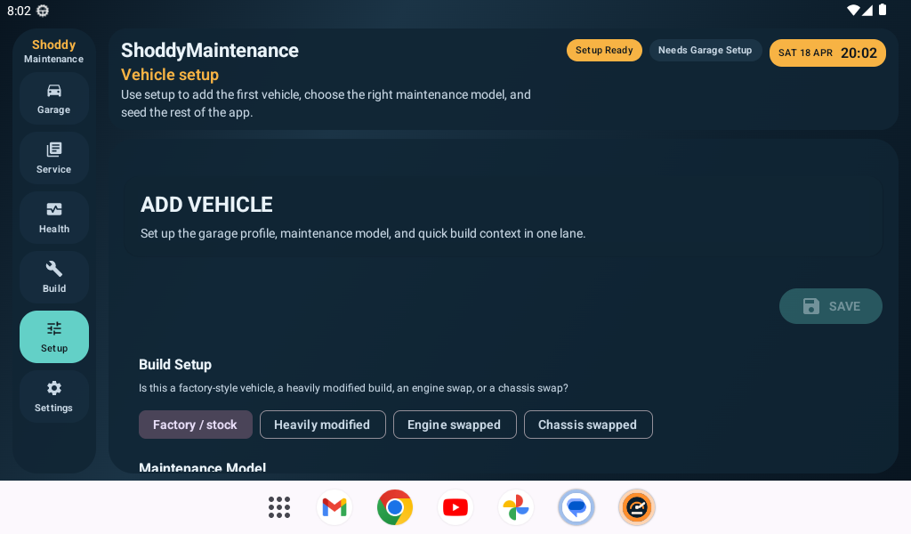 ShoddyMaintenance add vehicle setup screen